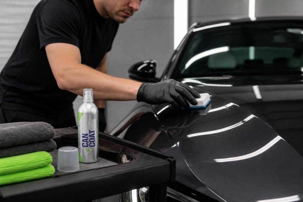 Professional demonstrator die voorzichtig keramische coating met een applicatorpad op een autolakpaneel aanbrengt in een goed verlichte garage, met microvezeldoeken en producten zichtbaar op het werkoppervlak