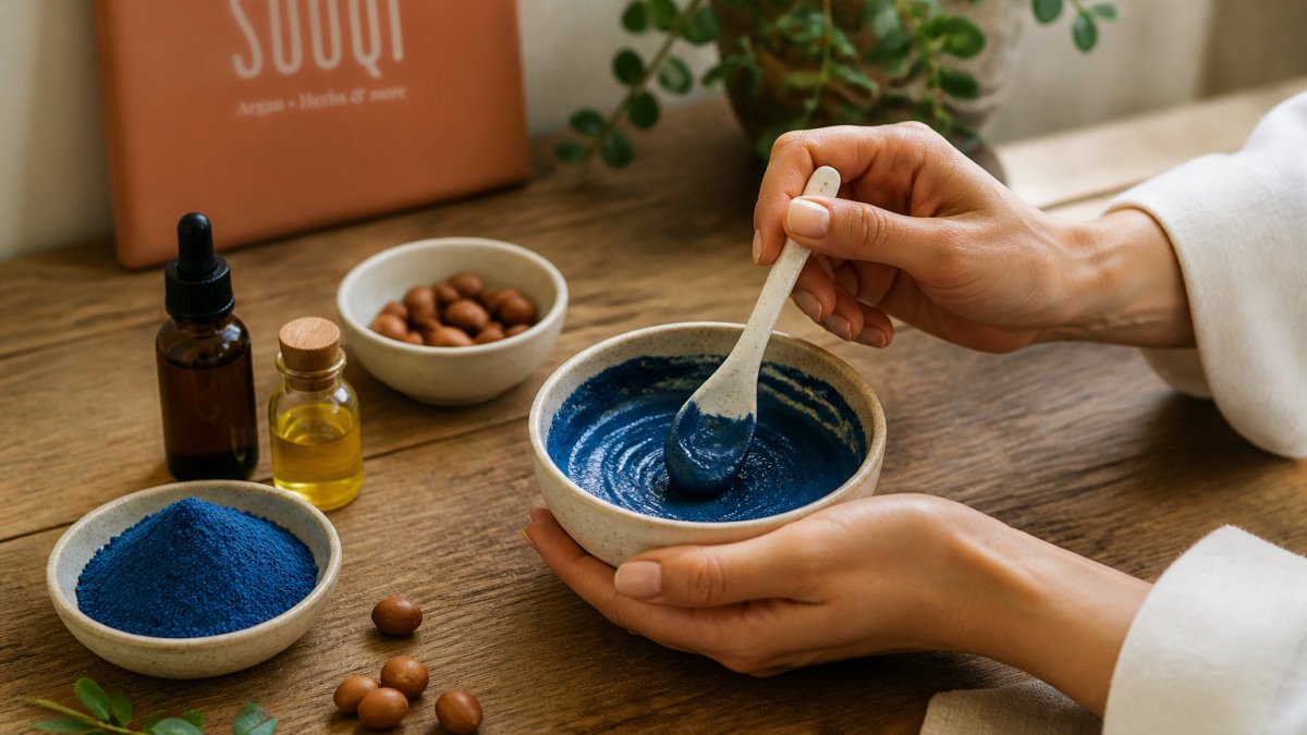 Handen mengen een blauwe pasta van natuurlijk poeder in een kommetje op een houten aanrechtblad