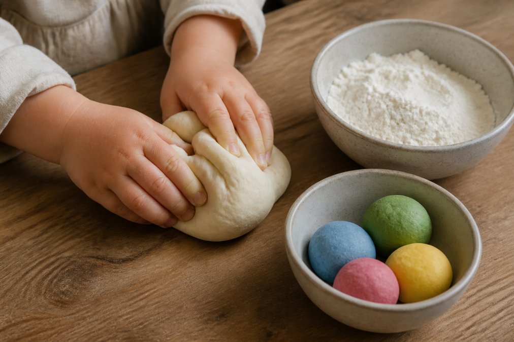 Kinderhanden kneden zelfgemaakte klei zonder zout op een houten tafel naast kommen met bloem en gekleurde klei.