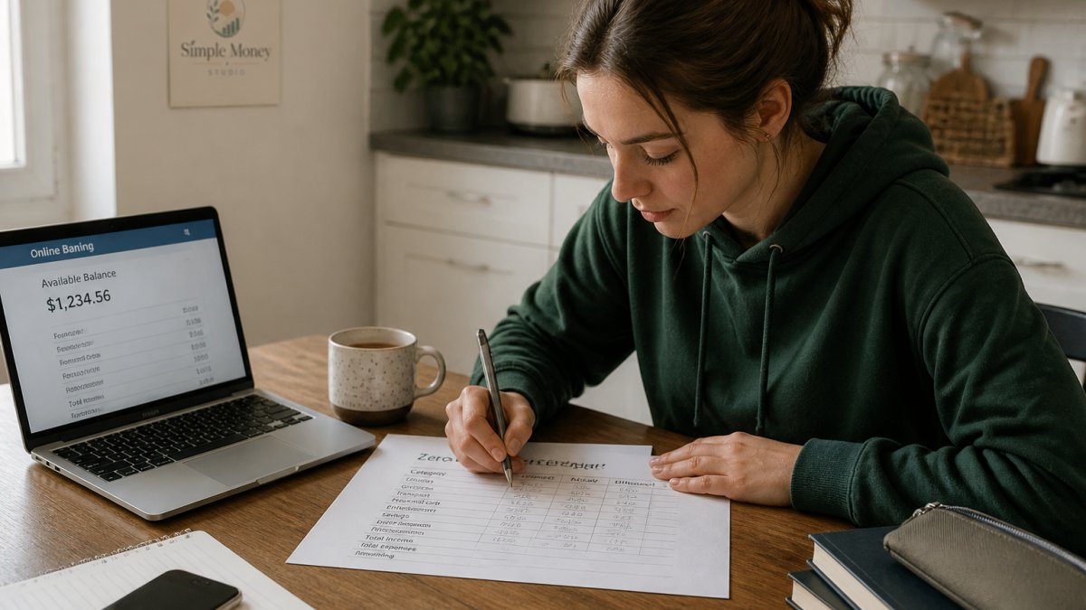 College student filling out a zero-based budget worksheet at a table with a laptop and coffee.