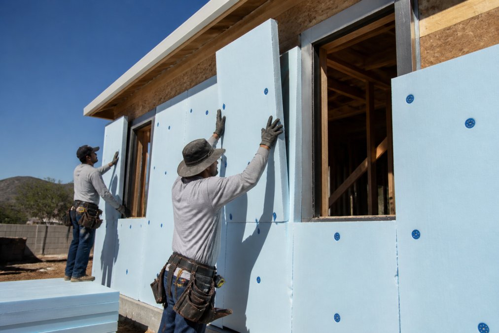Residential construction site showing building envelope insulation installation with workers applying foam board to exterior walls under clear daylight