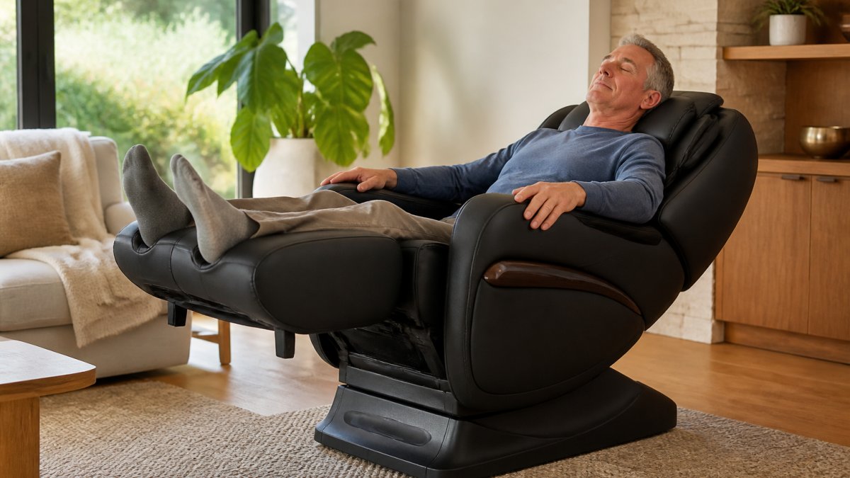 Adult in their fifties relaxing in a reclined zero gravity chair with feet elevated in a sunlit living room