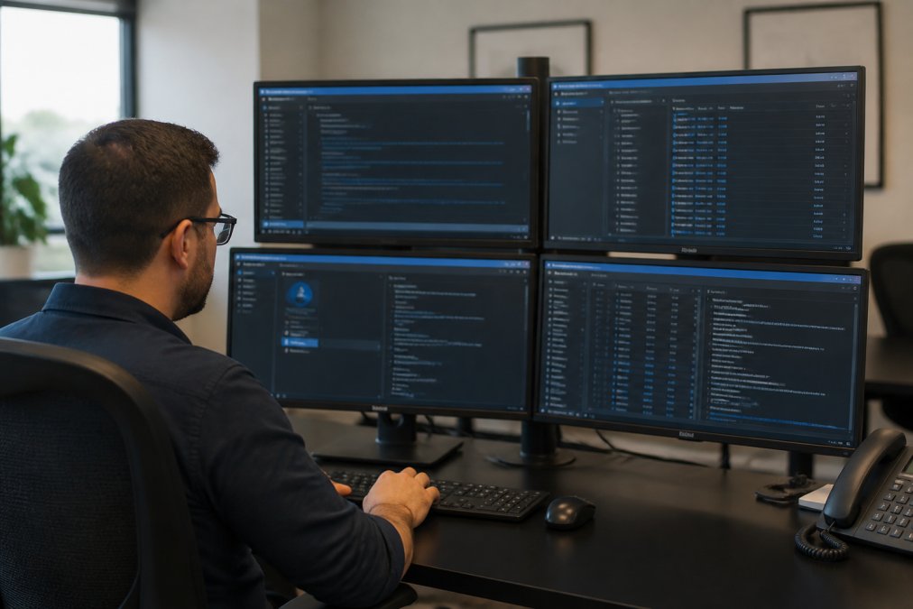 IT manager monitoring zero trust security small business access logs on multiple office screens