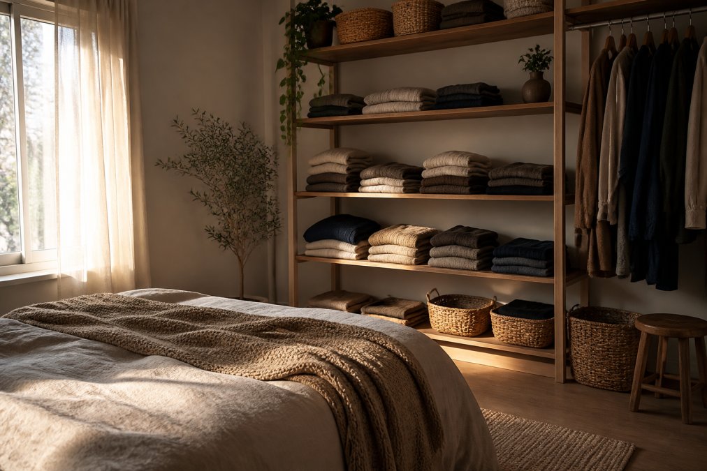A serene bedroom with neatly organized open shelving, folded clothing in neutral tones, and minimal items arranged with intentional spacing, creating a calm sanctuary with soft natural light