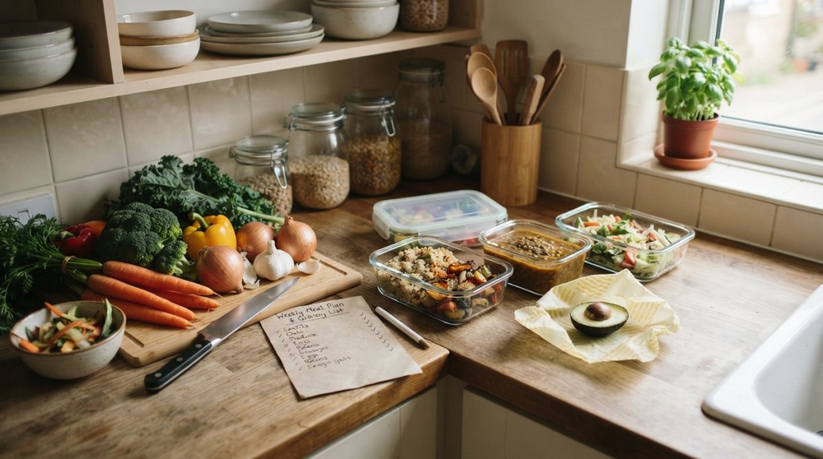 A kitchen counter with fresh vegetables, a handwritten shopping list, and meal prep containers arranged together, showing organized meal planning in action