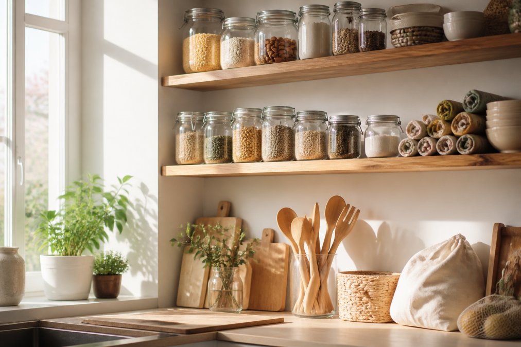 Eine helle, moderne Küche mit offenen Holzregalen, gefüllt mit gleichmäßig angeordneten Glasbehältern, zusammengerollten Bienenwachstüchern und Bambusutensilien in einem Glasgefäß; sanftes Tageslicht fällt durch das Fenster