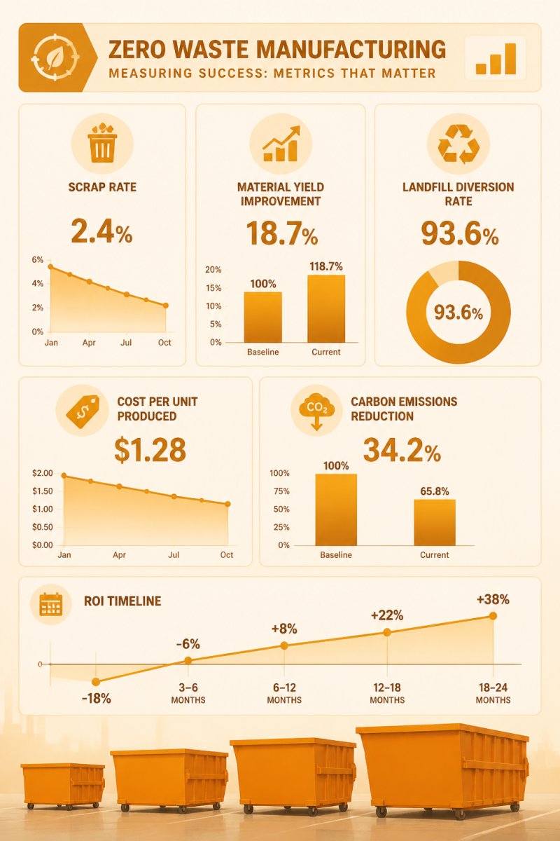 Dashboard showing key zero waste manufacturing metrics like landfill diversion, scrap rates, and emissions reduction.