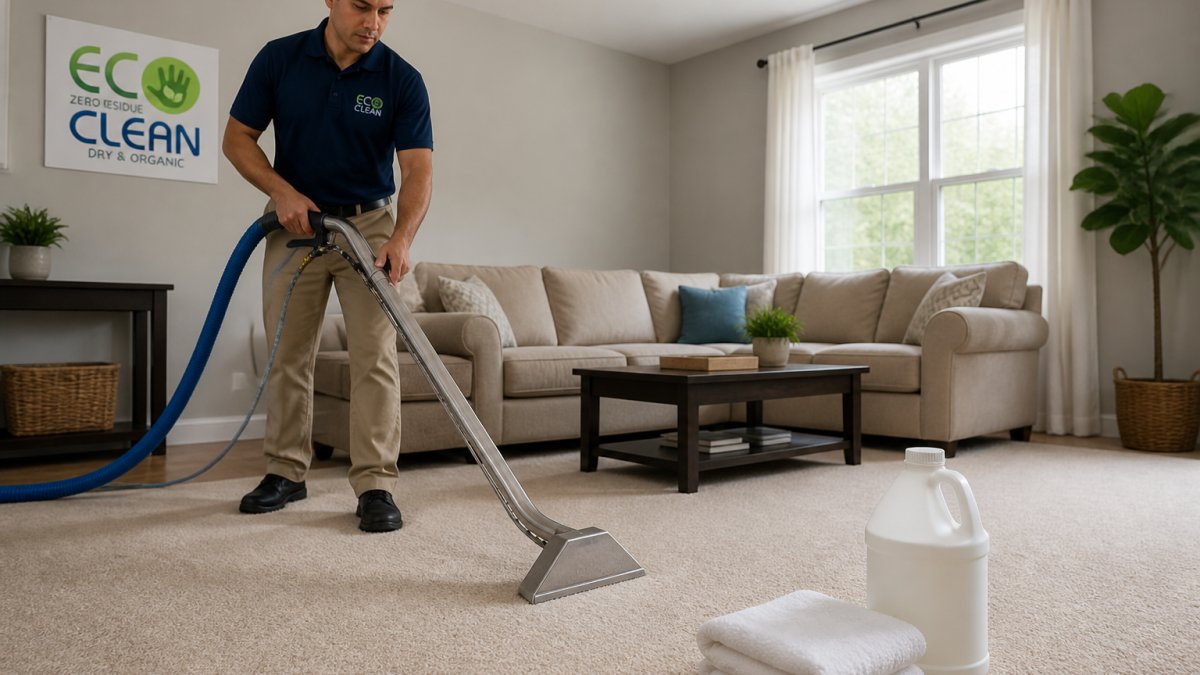 Technician cleaning a beige carpet with a wand for a carpet cleaning comparison during a professional service visit.