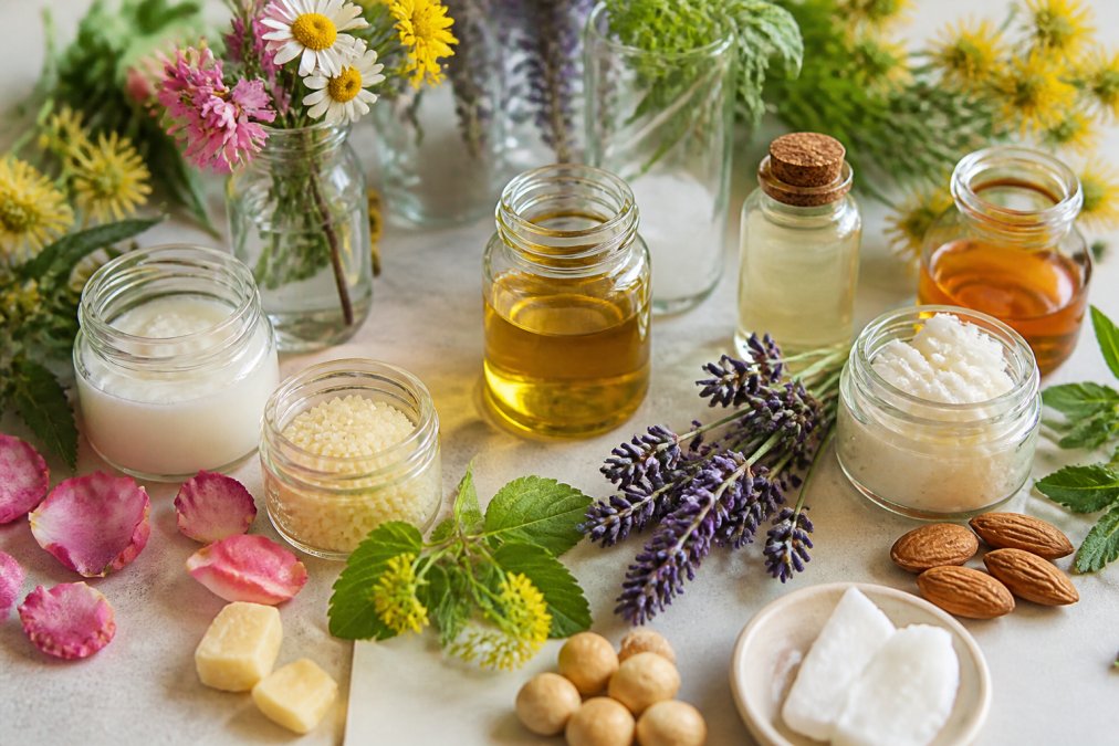 Natürliche pflanzliche Inhaltsstoffe wie Kräuter, Öle und Blüten in Glasgefäßen und auf einer hellen Oberfläche arrangiert, die Reinheit und Natürlichkeit symbolisieren