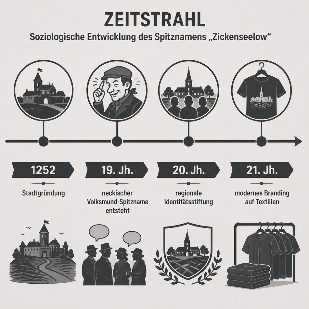 Zeitstrahl der soziologischen Entwicklung des Spitznamens Zickenseelow: 1252 Stadtgründung Seelow, 19. Jh. neckischer Volksmund-Spitzname entsteht, 20. Jh. regionale Identitätsstiftung, 21. Jh. modernes Branding auf Textilien