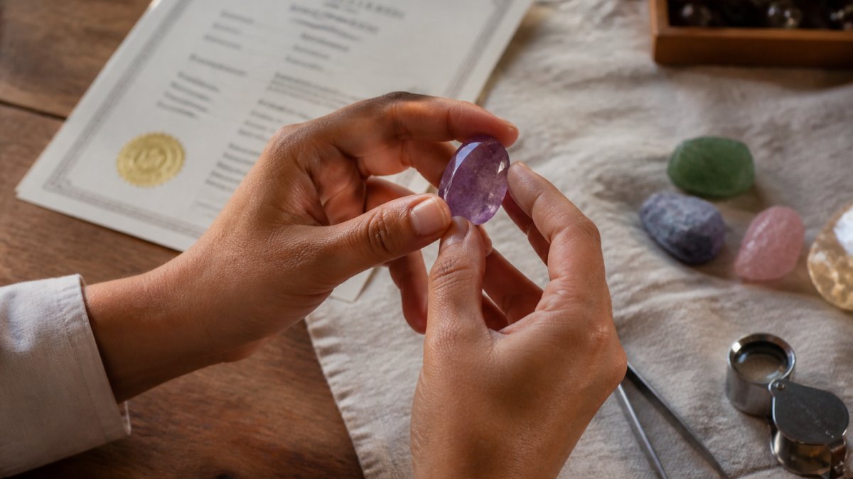 Close-up van handen die een natuurlijke edelsteensteen voorzichtig vasthouden, met een certificaat of herkomstdocument zichtbaar op de achtergrond, wat authenticiteit en traceerbaarheid symboliseert