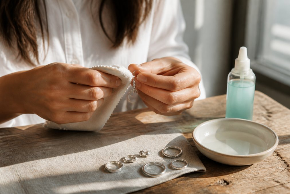 Handen die voorzichtig zilveren oorbellen schoonmaken met zachte doek en zilverpoets, met natuurlijk licht dat de details van het zilver benadrukt