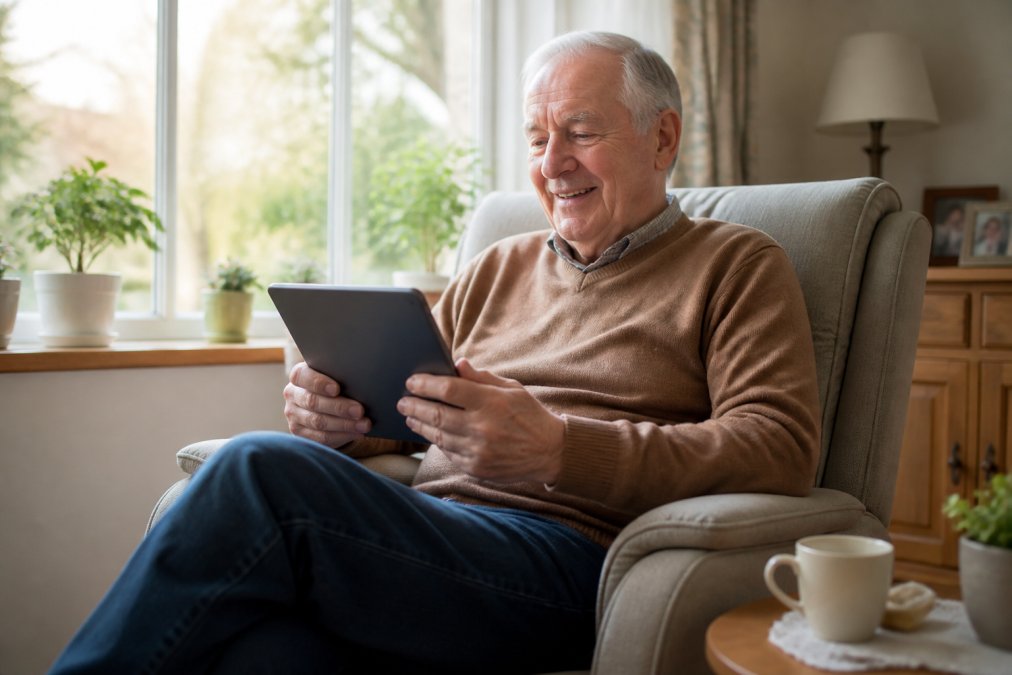 Oudere persoon zit thuis op een comfortabele stoel met een tablet in handen, glimlachend terwijl hij online een rolstoeltaxi boekt via een website, warm natuurlijk licht van het raam