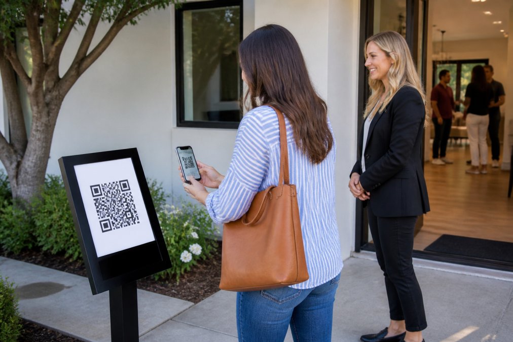 A real estate agent holding a smartphone showing a QR code check-in form, standing at the entrance of a bright open house with a pedestal sign nearby