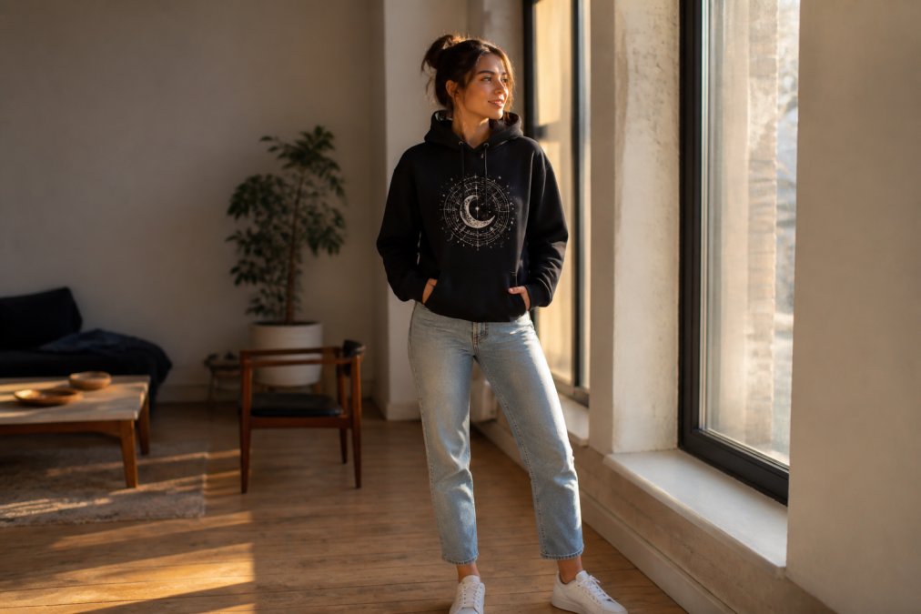 Young woman wearing a black zodiac hoodie styled casually with light-wash jeans and white sneakers, standing in natural sunlight near a window with soft golden hour lighting, looking relaxed and confident