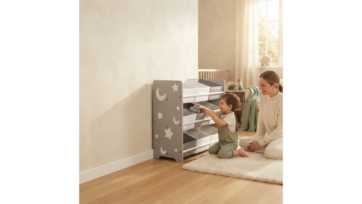 ZONEKIZ Storage Unit w/ 9 Removable Storage Baskets for Nursery Playroom - Grey