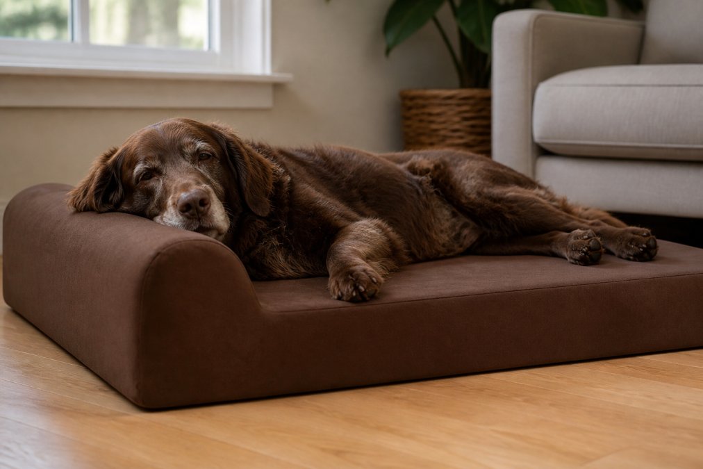 Senior dog with gray muzzle resting peacefully on a memory foam orthopedic bed, head supported by a raised bolster, visibly relaxed with hind legs stretched out on the supportive mattress in natural afternoon light