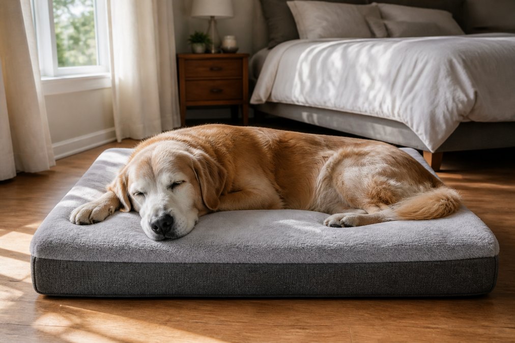 Senior dog resting peacefully on a memory foam orthopedic bed in a sunlit bedroom, showing visible comfort and proper spinal support