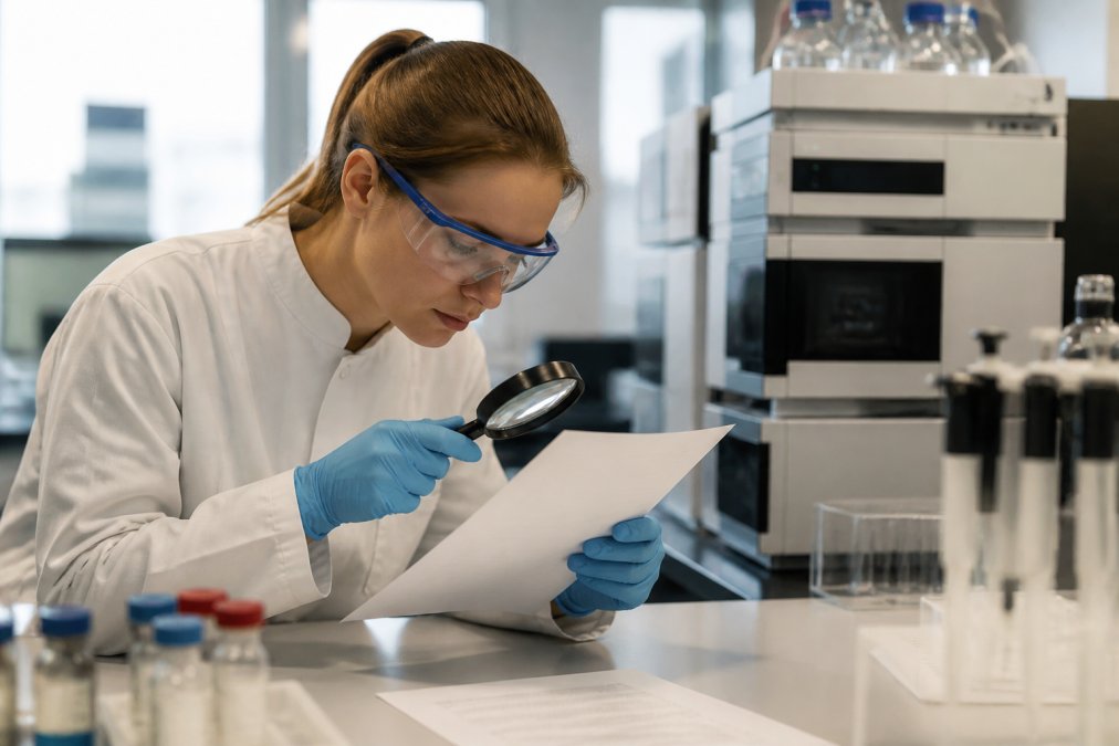 Onderzoeker die een gedrukt CoA-document bestudeert aan een laboratoriumtafel met een vergrootglas, met HPLC-apparatuur en laboratoriumapparatuur op de achtergrond