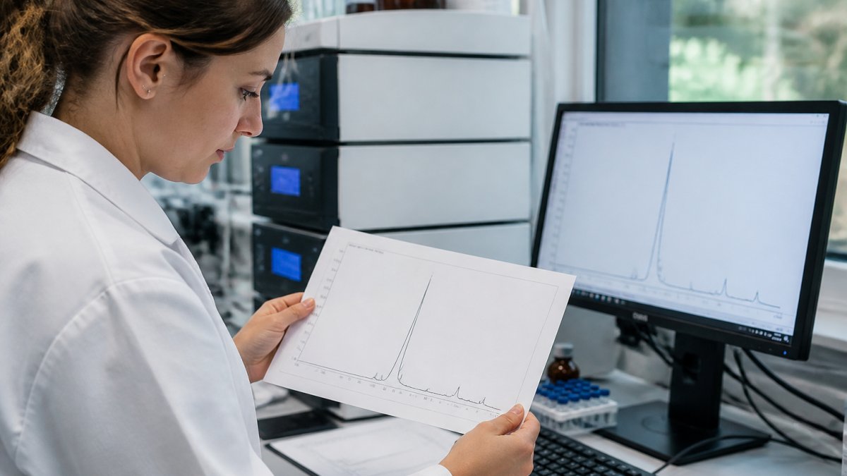 Close-up van een laborant in witte jas die een uitgedraaid HPLC-chromatogram met een duidelijke hoofdpiek vasthoudt naast een beeldscherm met hetzelfde chromatogram, in een helder analytisch laboratorium