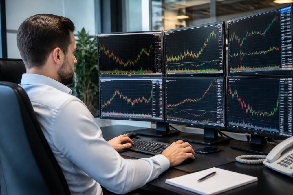 Professional trader at desk with multiple monitors displaying trading charts and live market data, hands on keyboard adjusting risk parameters, focused intensity in a modern trading room with soft overhead lighting
