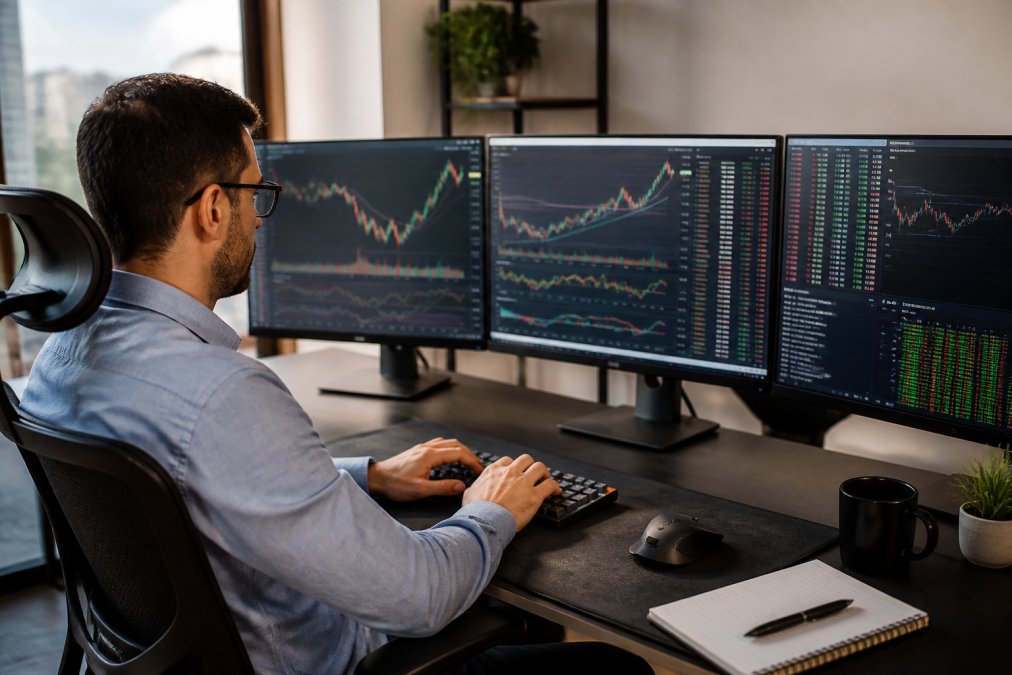 Professional trader sitting at ergonomic desk with three monitors showing real-time trading data, charts with technical indicators, and performance metrics, typing on mechanical keyboard with trading platform interface visible, natural daylight from office window